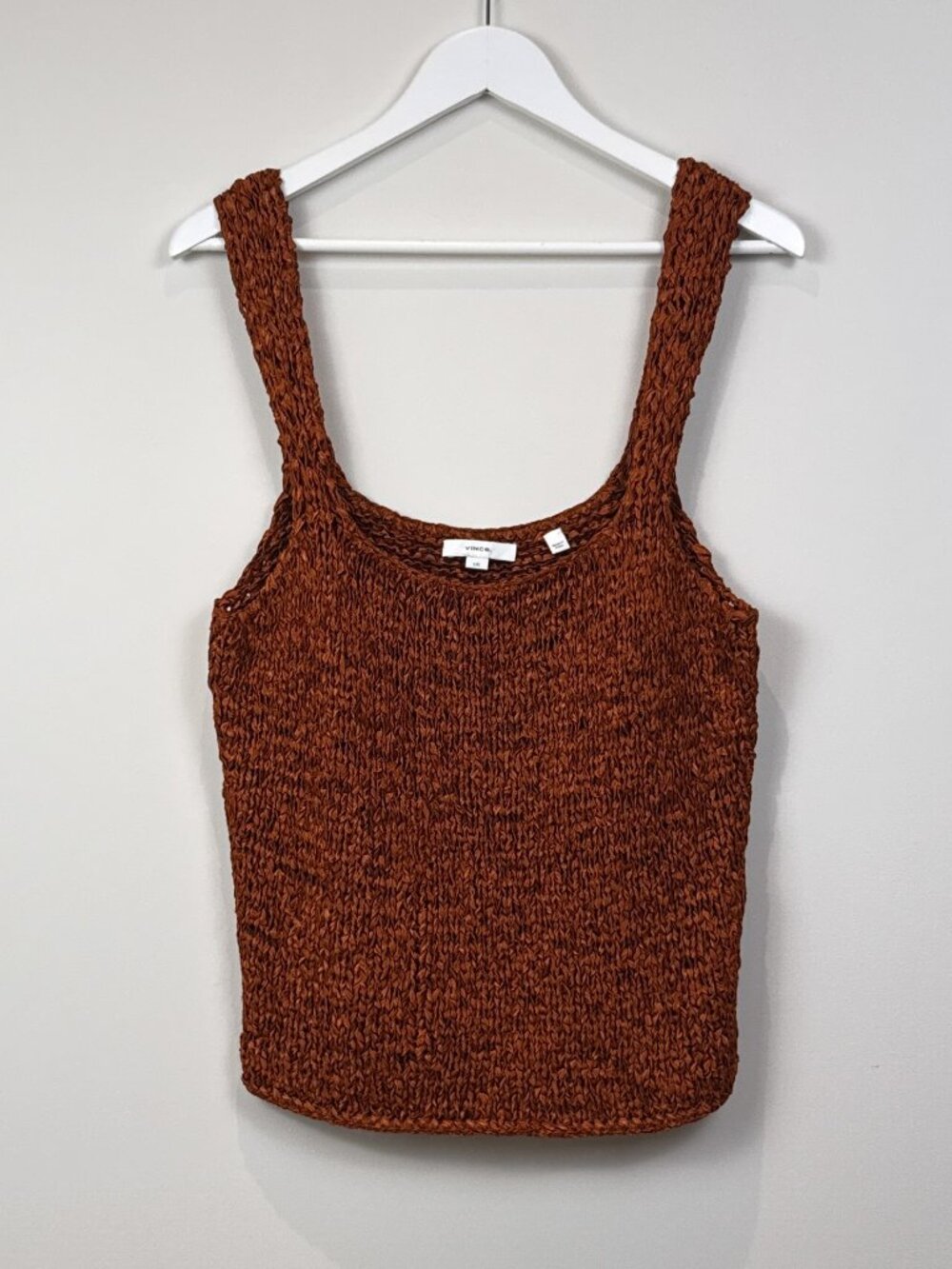 Vince Womens Large L Rust Brown Ribbon Knit Square Neck Tank Top Sleeveless